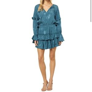 Misa Los Angeles Amalya Dress Teal Blue Ruffle Tiered Skirt Long Sleeve Size Med